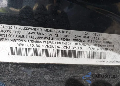 2012 Volkswagen Jetta 2.0L S z USA, uszkodzony, nr VIN 3VW2K7AJ0CM312918